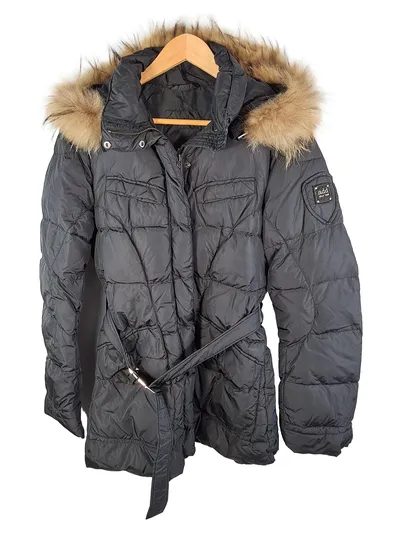 ADD Daunenjacke Damen Gr. 38 Schwarz Steppjacke Kapuze Echtfell
