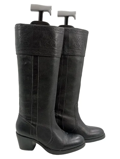 Closed Damen Leder Stiefel Schwarz Gr. 38 Kniehoch Stickerei Blockabsatz