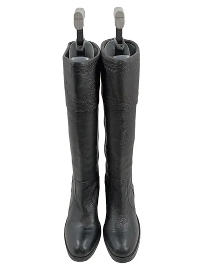 Closed Damen Leder Stiefel Schwarz Gr. 38 Kniehoch Stickerei Blockabsatz