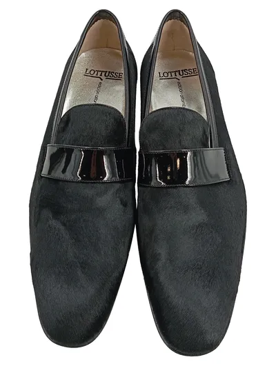Lottusse Herren Slipper Mokassin Pony-Haar Lackleder Schwarz Gr. 43