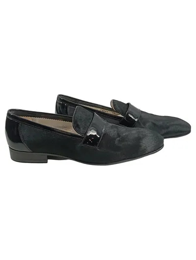 Lottusse Herren Slipper Mokassin Pony-Haar Lackleder Schwarz Gr. 43