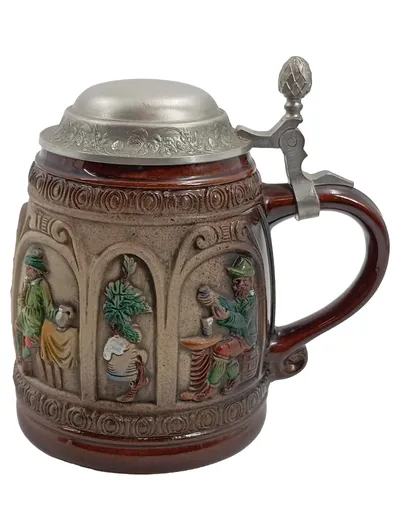 Gerz Bierkrug Zinndeckel Handarbeit Steinzeug Traditionell Vintage 0,75L
