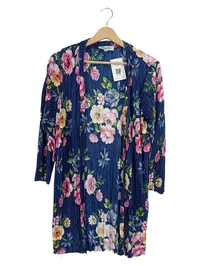 DEA Damen Kimono Strickjacke Blumenmuster Plissee Blau Gr. M 1