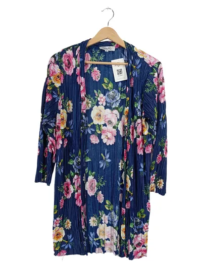 DEA Damen Kimono Strickjacke Blumenmuster Plissee Blau Gr. M