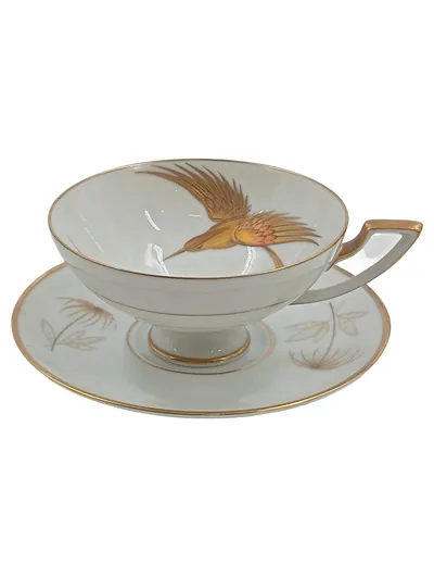 Tirschenreuth Bavaria Kaffeetasse Untertasse Vogel Gold Dekor 3190 Porzellan