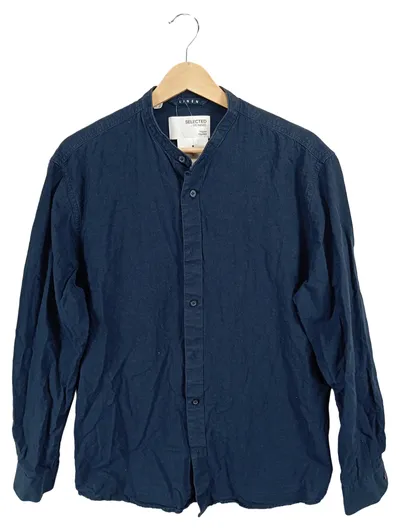 Selected Homme Herren Leinen Hemd Stehkragen Langarm Blau Gr. 42/L