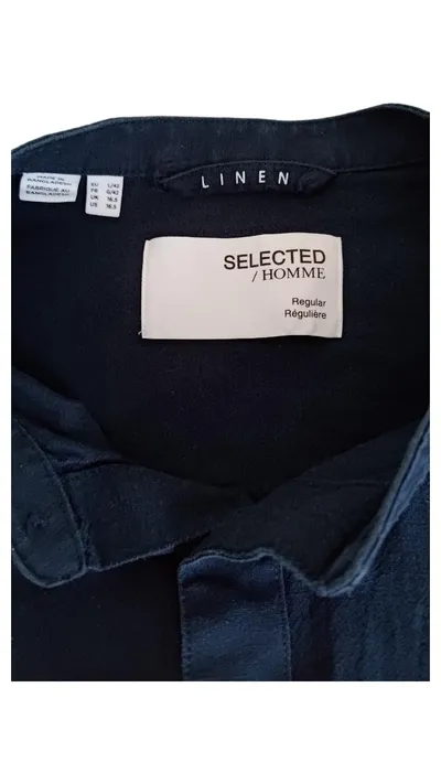 Selected Homme Herren Leinen Hemd Stehkragen Langarm Blau Gr. 42/L