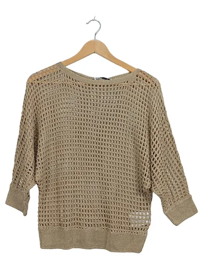 Pageone Damen Strickpullover Netzpullover Gold Metallic Gr. M