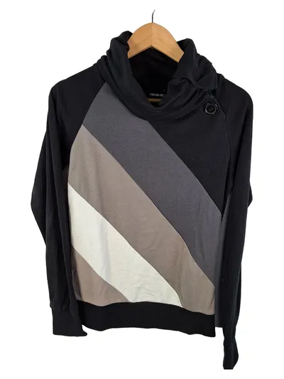 1982 Damen Pullover Rollkragen Langarm Streifen Schwarz Grau Gr. S