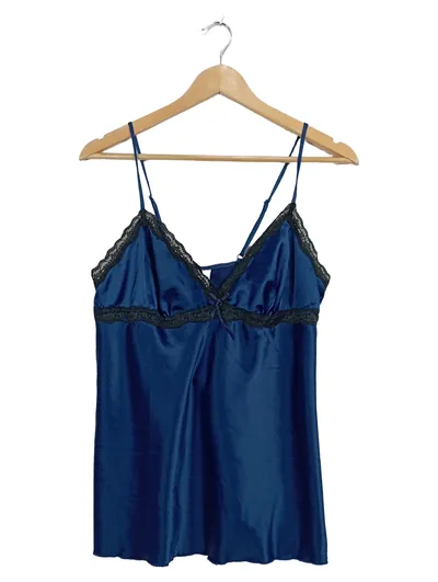 LASCANA Damen Nachthemd Top Gr. 40 Blau Satin Spitze Elegant