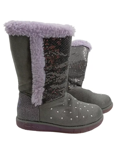 Skechers Mädchen Schneestiefel Gr. 28,5 Grau Pailletten Glitzer Fellrand