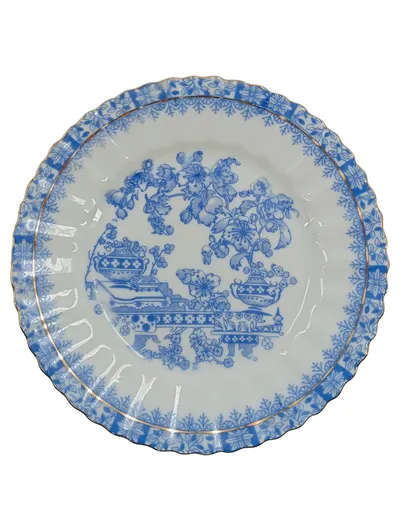 Tuppack Suppenteller China Blau Tiefenfurt Blumenmuster Goldrand Vintage