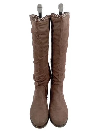 Super Mode Damen Stiefel Kniehoch Braun Gr. 40 Ösen Bohemian Wildleder-Optik