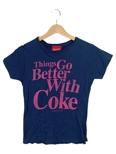 Coca-Cola Damen T-Shirt Blau Gr. M 38 Kurzarm Retro Print 100% Baumwolle