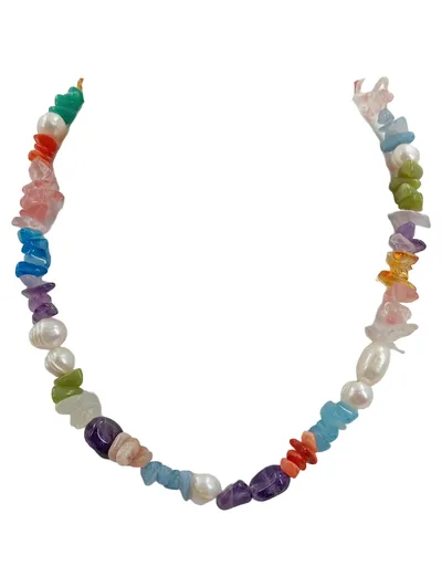 Bunte Edelstein Halskette Damen Perlen Amethyst Rosenquarz Mehrfarbig 23cm