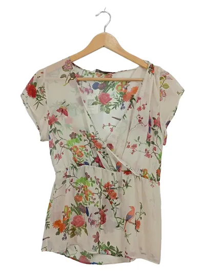 Zara Trafaluc Damen Bluse Blumenmuster Wickeloptik Gr. S 36 Mehrfarbig