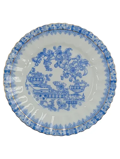 Tuppack Porzellan Essteller China Blau Tiefenfurt Blumenmuster Goldrand