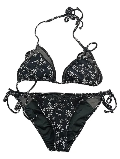 Volcom Damen Bikini Set Blumenmuster Schwarz Weiß Größe M Triangel