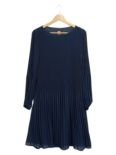 BOSS Damen Plissee Kleid Gr. 40 Navy Blau Elegant Langarm Festlich