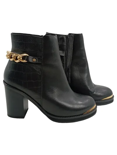 Topshop Damen Stiefeletten Leder Schwarz Gold Kette Gr. 37 Blockabsatz