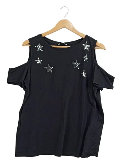 Papaya Damen T-Shirt Gr. 40/L Schwarz Pailletten Sterne Cut-Out Schultern