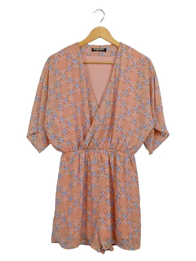 Fashion Union Damen Jumpsuit Gr. 38 Rosa Boho Muster V-Ausschnitt Kurz