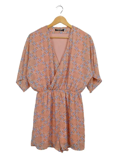 Fashion Union Damen Jumpsuit Gr. 38 Rosa Boho Muster V-Ausschnitt Kurz