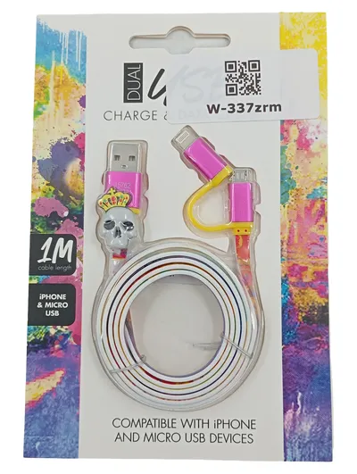 Dual USB Ladekabel Datenkabel 2in1 Lightning Micro USB 1m Pink Totenkopf