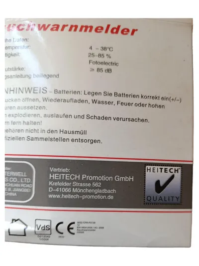 Heitech Rauchwarnmelder Rauchmelder 85dB Fotoelektrisch 9V Batterie Weiß