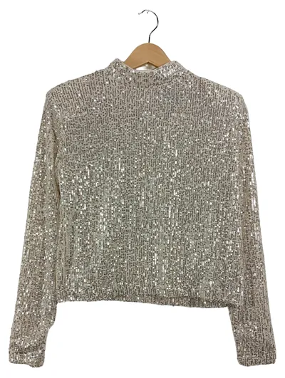 Mohito Damen Pullover Silber Gr. 36, S Pailletten Langarm Glamourös Party