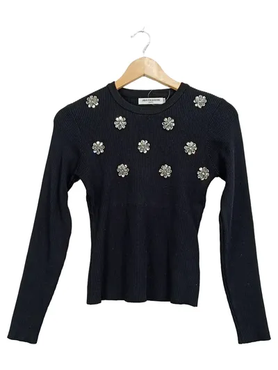 J&H FASHION Damen Pullover Schwarz Strasssteine Blumen Gr. S/M Elegant