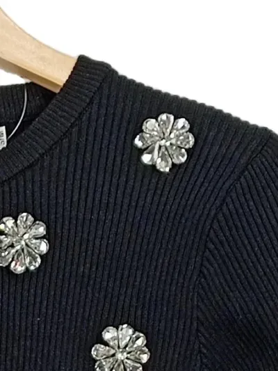 J&H FASHION Damen Pullover Schwarz Strasssteine Blumen Gr. S/M Elegant