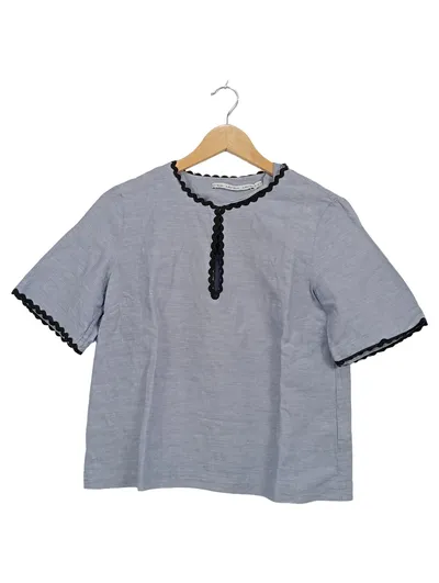 & Other Stories Damen Bluse Shirt Gr. 36/S Blau Leinen Wellenbesatz