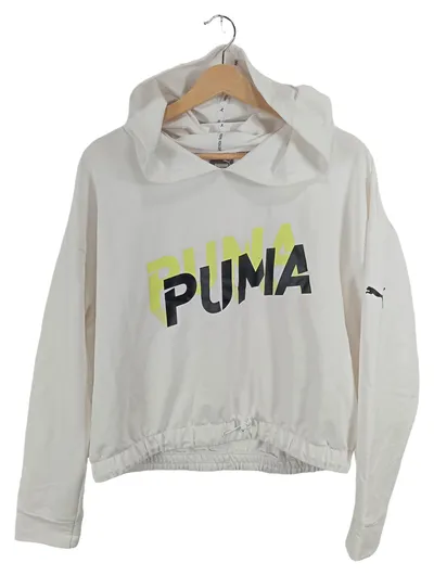 PUMA Damen Hoodie Kapuzenpullover Cropped Logo Print Weiß Gr. L