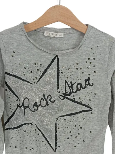 Via Girls Langarmshirt Grau Gr. 110 Rock Star Sterne Glitzer Strass