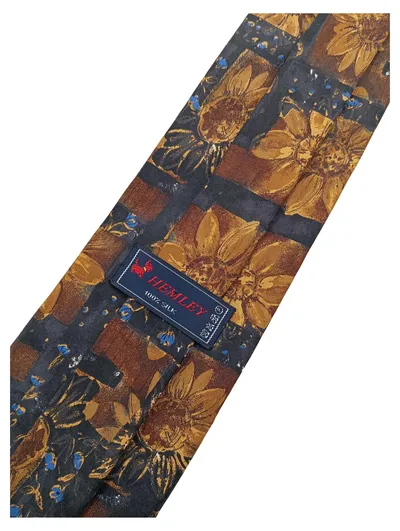 Hemley Herren Krawatte 100% Seide Blumenmuster Vintage Braun Gold 140cm