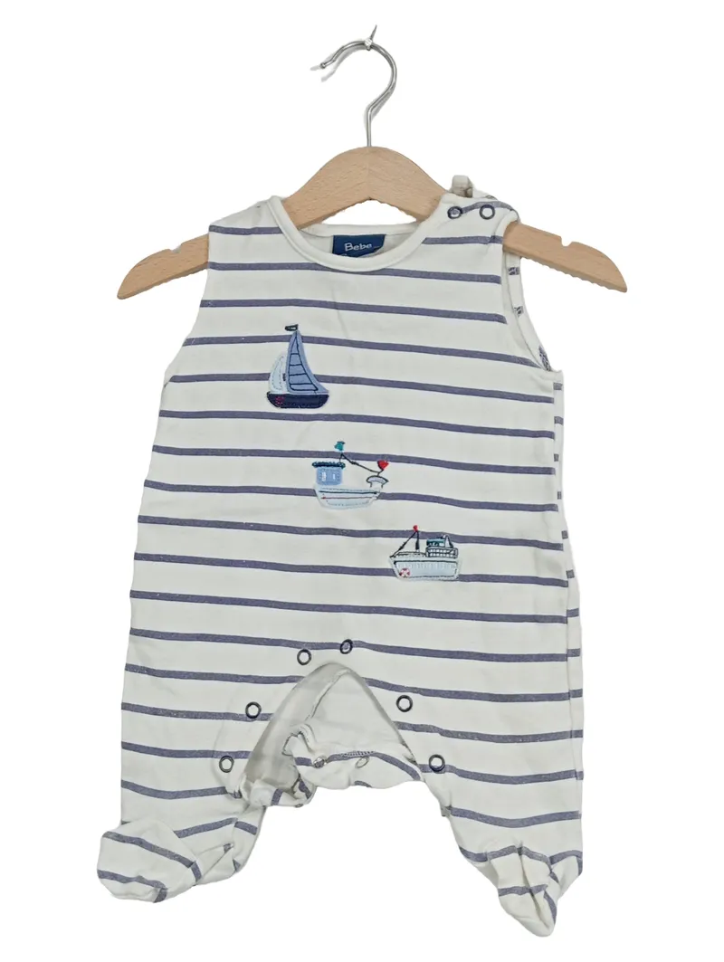 Bebe Bonito Baby Strampler Gr. 3M/62 Weiß Blau Gestreift Schiffe Baumwolle 1