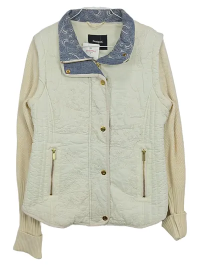 Desigual Damen Steppjacke Gr. 36/S Beige Strickärmel Goldknöpfe