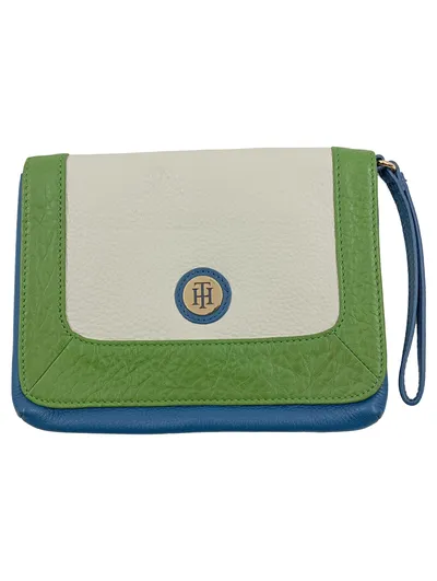 Tommy Hilfiger Damen Clutch Geldbörse Leder Grün Blau Weiß