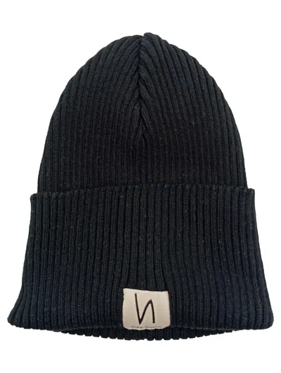 Nudie Jeans Beanie Mütze Herren Schwarz Rippstrick Baumwolle Logo