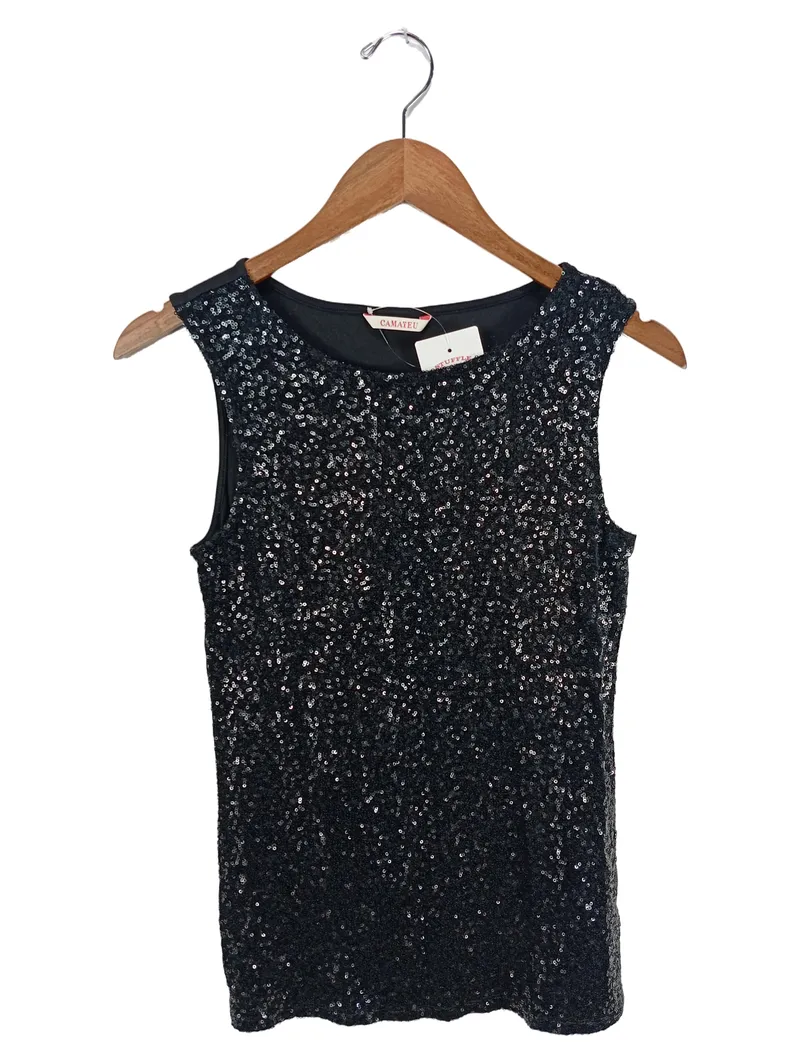 Camaïeu Pailletten Top Damen ärmellos Party Glamour Schwarz Gr. S 1