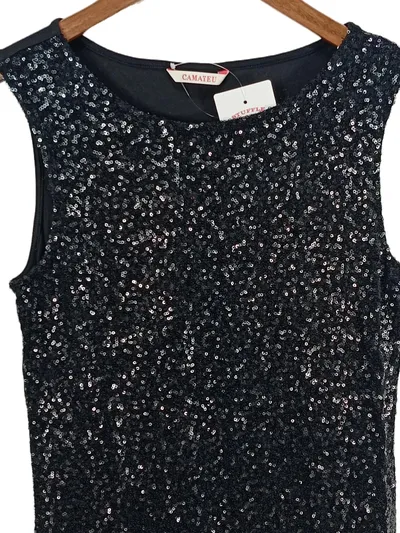 Camaïeu Pailletten Top Damen ärmellos Party Glamour Schwarz Gr. S