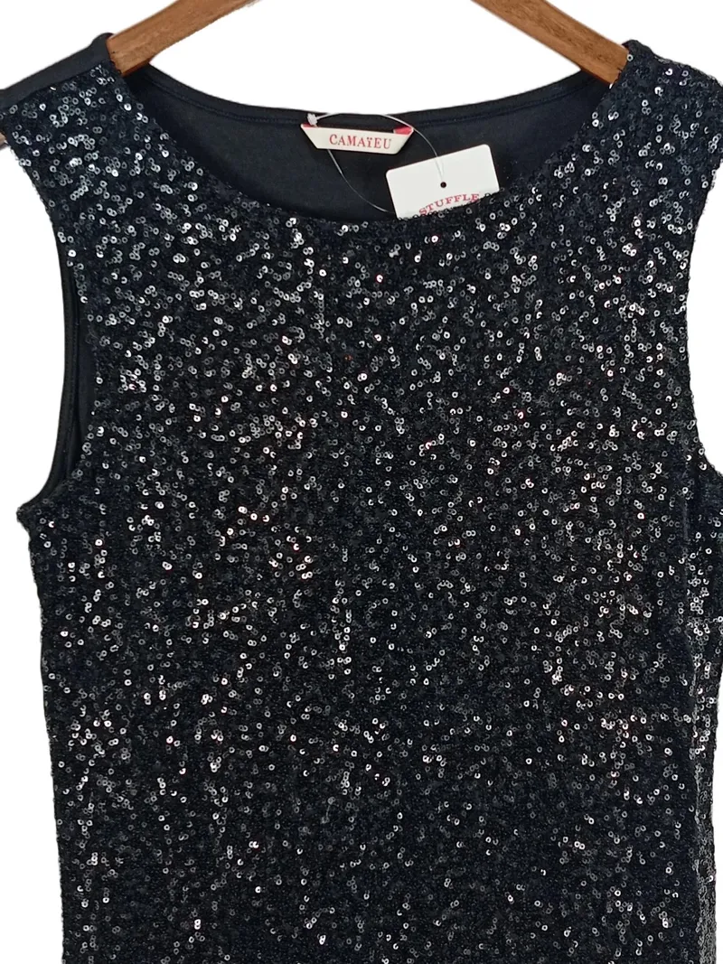 Camaïeu Pailletten Top Damen ärmellos Party Glamour Schwarz Gr. S 2