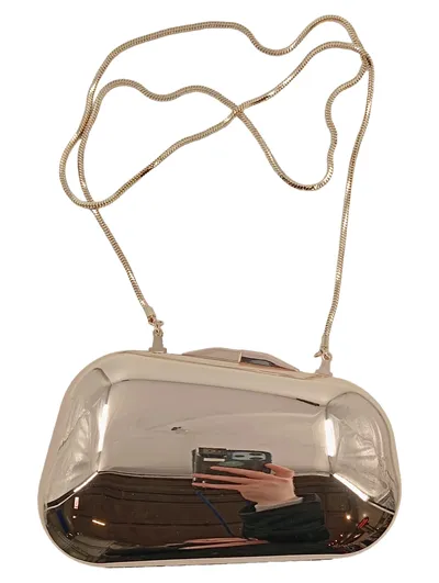 MANGO Clutch Abendtasche Gold Metall Hardcase mit Kette Damen Glamourös