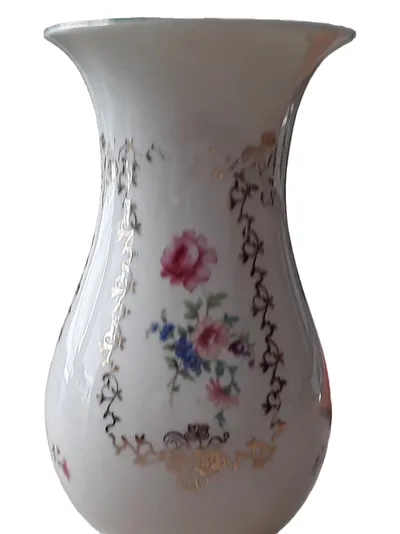AL-KA Kunst Kronach Porzellan Vase Jeanette Blumenmuster Weiß Gold 18cm