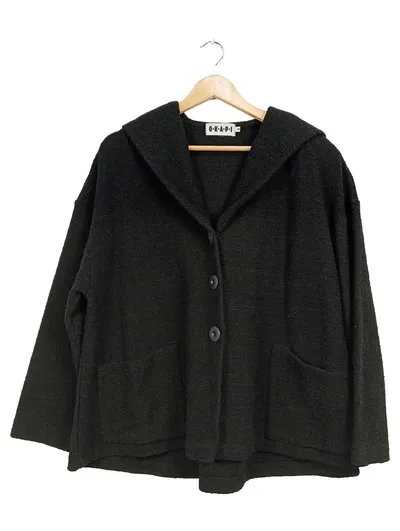 OKAPI Damen Strickjacke mit Kapuze Schwarz Gr. S Wolle Acryl Seide
