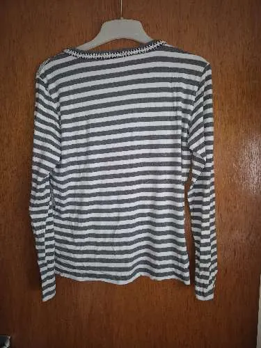 BiBA Damen Langarmshirt Gr. 44 Grau Gestreift Blumenstickerei