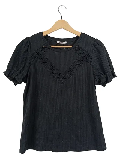 ORSAY Damen T-Shirt Gr. M Schwarz Spitze Puffärmel Rippstrick