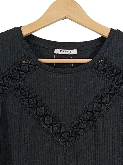 ORSAY Damen T-Shirt Gr. M Schwarz Spitze Puffärmel Rippstrick