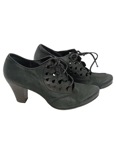 Tamaris Damen Schnürschuhe Gr. 38 Grau Leder Lochmuster Absatz Vintage
